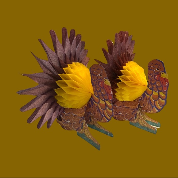 Turkey Die Cut Honeycomb Centerpiece Vintage Set Of 2 Holidays Table Piece - Picture 5 of 5